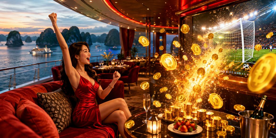 Khung cảnh vịnh Hạ Long với người chơi đang theo dõi kết quả cá cược thể thao trên thiết bị di động
