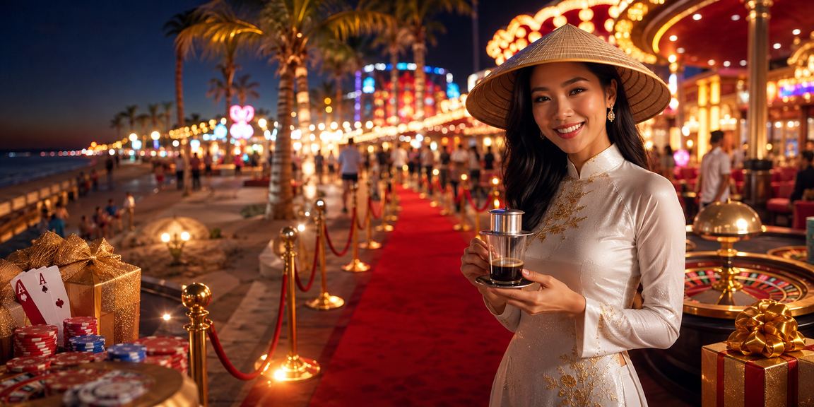 Không gian giải trí buổi tối tại Mũi Né với màn hình casino và ly cà phê